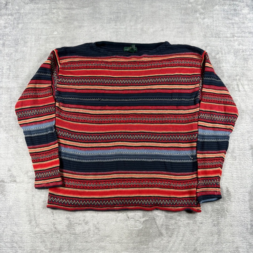 Lauren Ralph Lauren Sweater Womens Large Red  Striped Knit Cotton Linen Boho Top